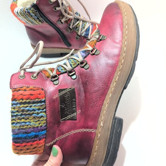 Rieker Felicitas Ankle Boots Red Sherpa Lined Side Zip Lace Up Women's 9 - Picture 2 of 8